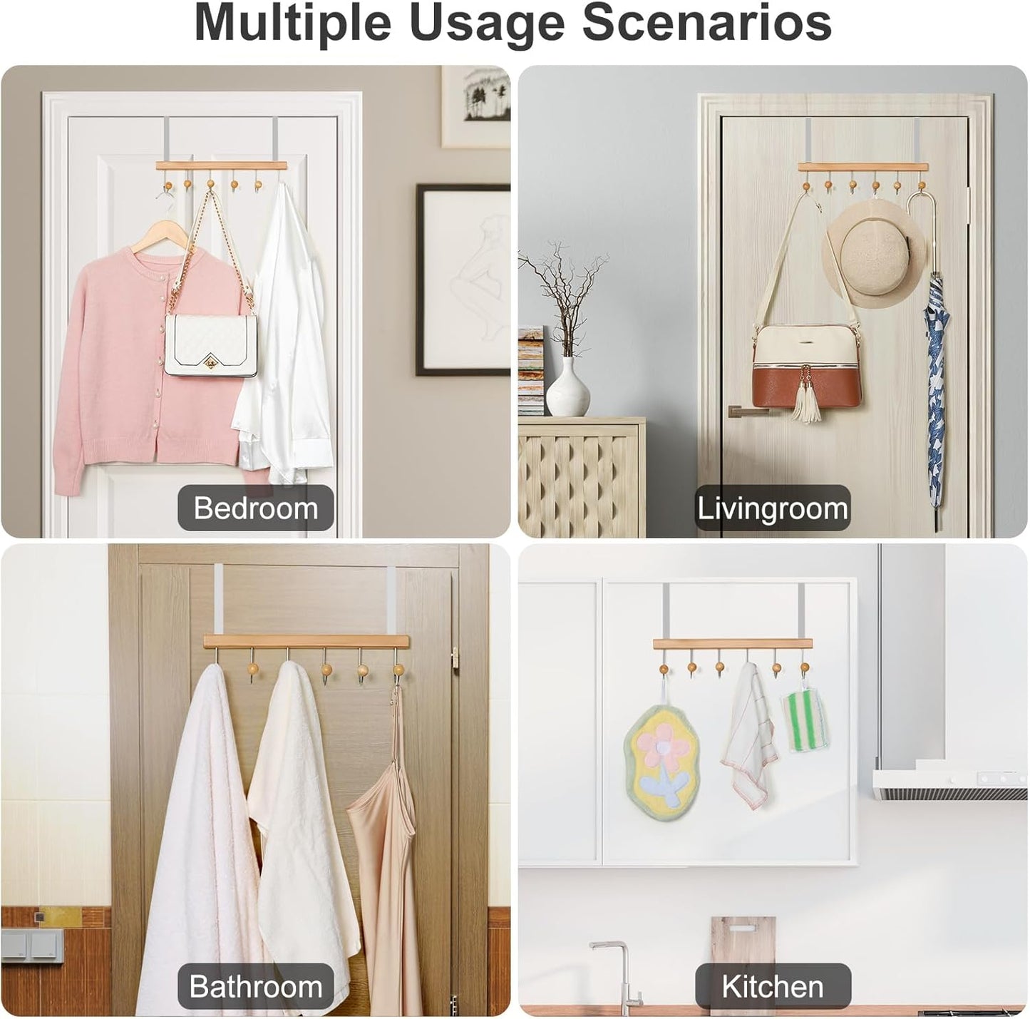 TOPIA HANGER Over The Door Hooks for Hanging, Towel Hooks Towel Racks for Bathroom, Coat Hooks Coat Rack Over The Door Organizer Hanging, Wooden Door Hangers for Coat Towel Hat Purse CT71N