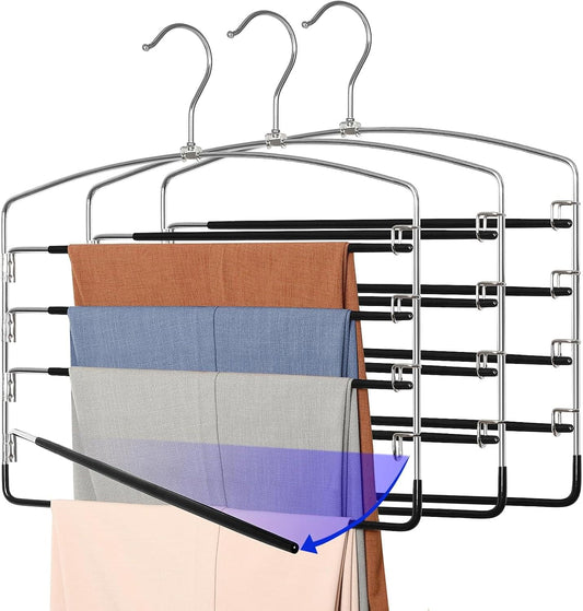 Swing-arm pant hanger with three folded pants on a 5-tier rack