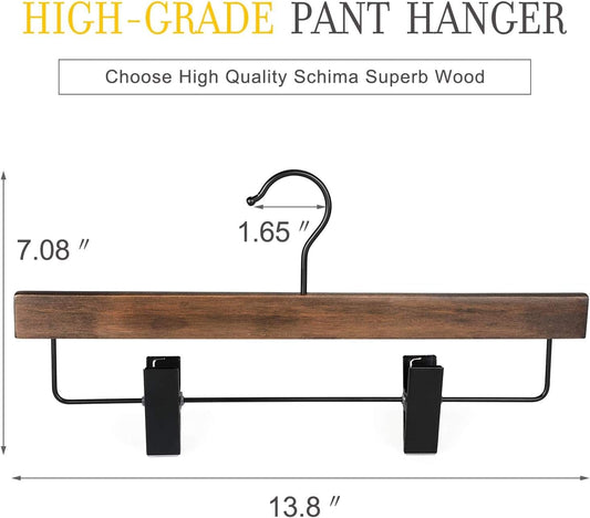 Wooden pant hanger with two black metal clips and curved hook, dark retro finish.