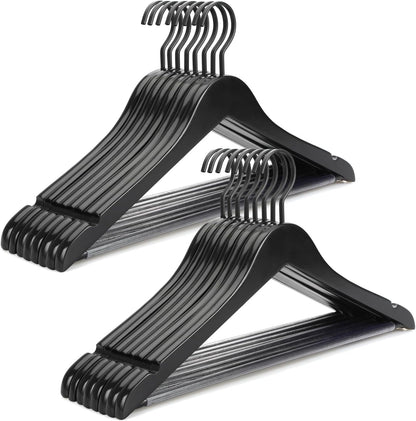 TOPIA HANGER Premium Wooden Hangers, Luxury Boutique Wood Hangers with Extra Thick Hook and Non Slip Pants Bar, Heavy Duty Coat Hanger with Notches 16 Pack, Black -CT01B
