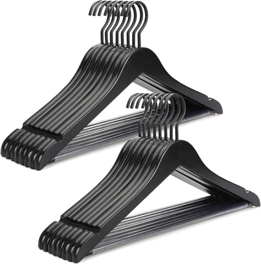 Black wooden clothing hangers with wide shoulders, ridged arms, and a flat bar base