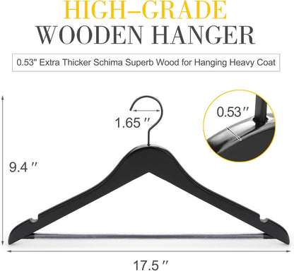 TOPIA HANGER Premium Wooden Hangers, Luxury Boutique Wood Hangers with Extra Thick Hook and Non Slip Pants Bar, Heavy Duty Coat Hanger with Notches 16 Pack, Black -CT01B