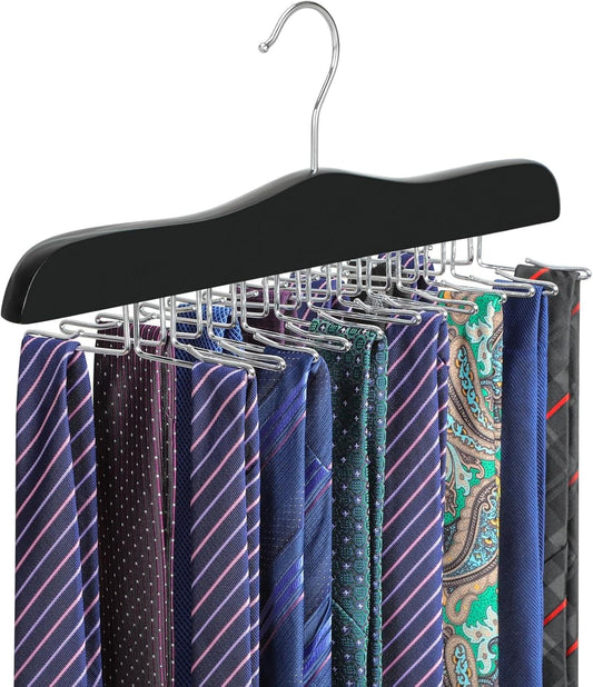 Black tie organizer hanger with metal clips holding multiple striped neckties