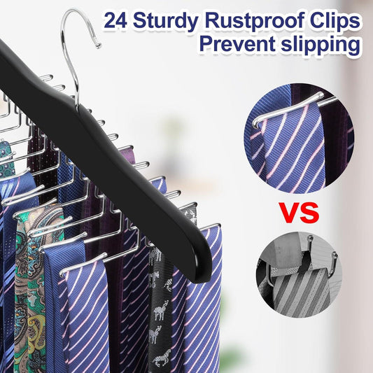 Black tie rack hanger close-up of metal folding hooks for securing neckties