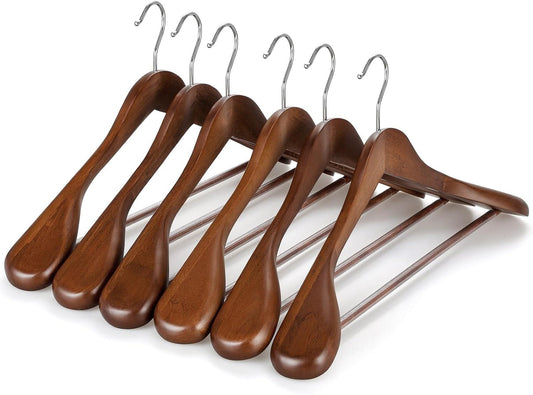 Set of 6 walnut wooden suit hangers with wide shoulders and curved metal hooks
