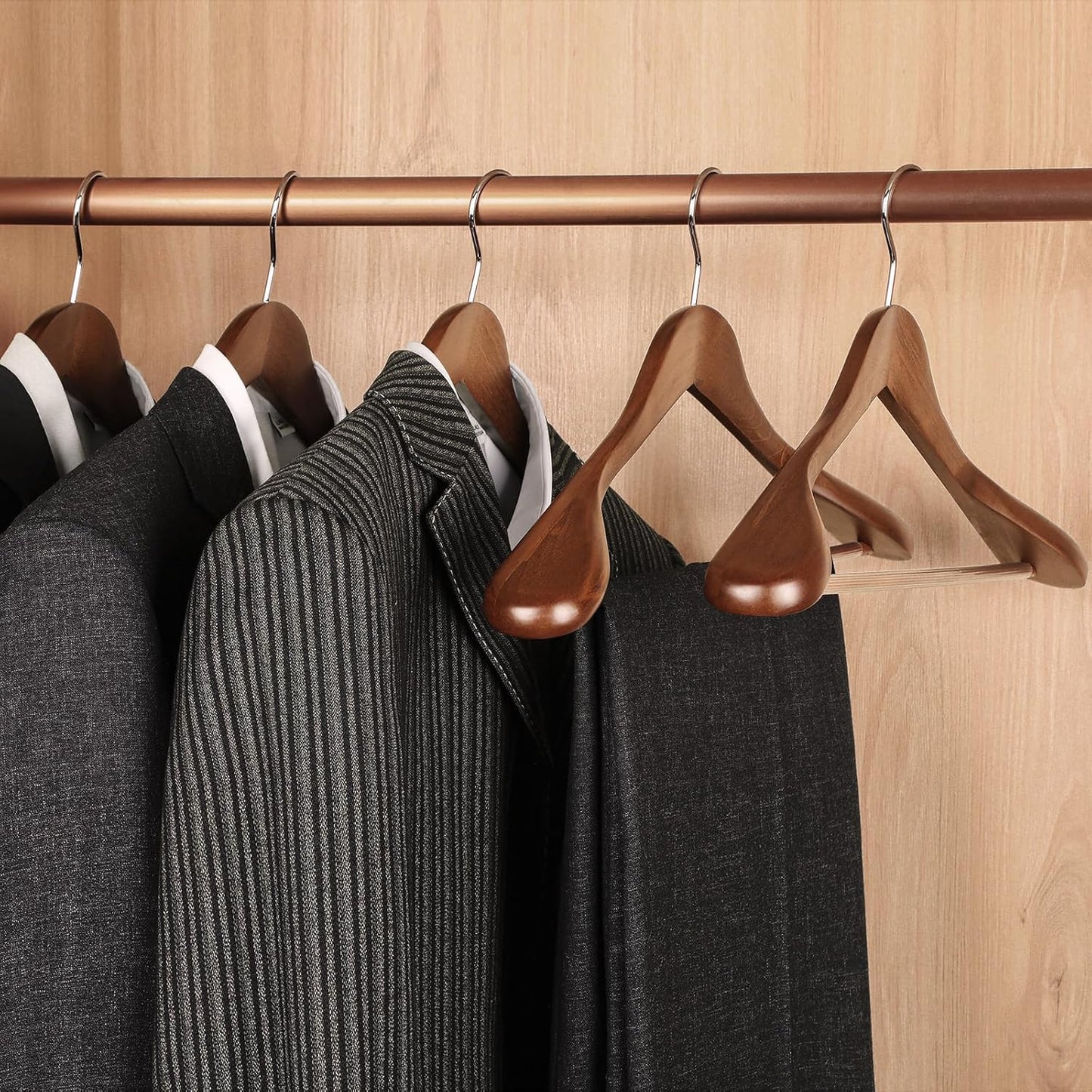 TOPIA HANGER Wide Shoulder Wooden Hangers, Suit Hangers with Non Slip Pants Bar & 360° Swivel Hook, Solid Wood Heavy Duty Coat Hanger, 6 Pack (Walnut)-CT02WA