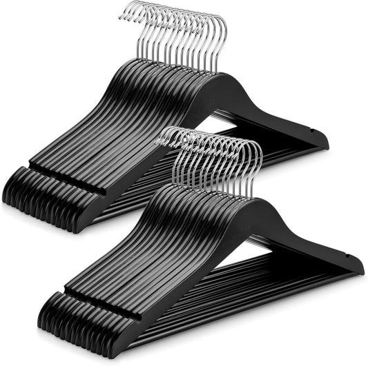 Black wooden coat hangers with curved shoulders and shiny metal hooks, 2-pack view