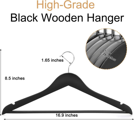 Black wooden hanger with contoured shoulders and non-slip notches