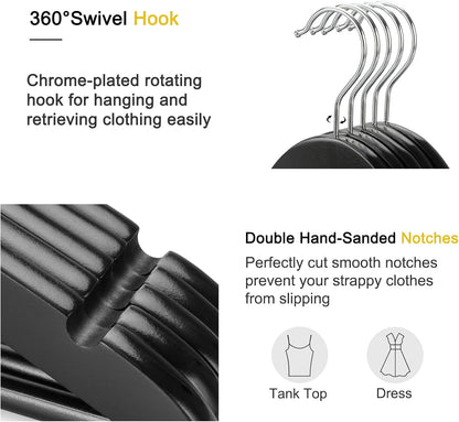TOPIA HANGER Wooden Coat Hangers 30 Pack, Black Wood Suit Hangers, 360° Swivel Hook and Non-Slip Shoulder Notches for Camisole, Jacket, Pant, Shirt, Smooth Finished Clothes Hangers -CT54B30