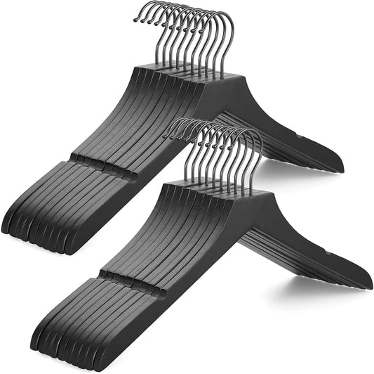 Set of black wooden hangers with smooth curved shoulders and rotating metal hook