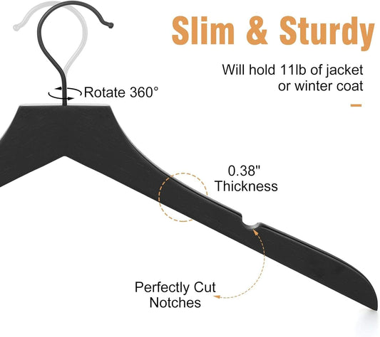 Black wooden clothes hanger with curved end notch and looped rotating hook