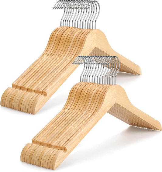 Natural wood clothes hangers with 360° swivel metal hook and slim shoulder notches