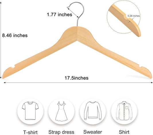 Slim natural wood clothing hanger, 17.5 in long and 0.28 in thick with 360° hook
