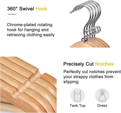 TOPIA HANGER Wooden Hangers 30 Pack, Space Saving Coat Hanger with 360° Swivel Cascading Ring Hook, Non Slip Pants Bar and Shoulder Notches for Camisole, Jacket, Suit, Clothes Hangers -CT62N30
