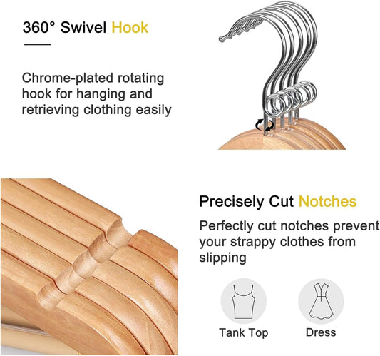 Wooden coat hanger with chrome swivel hook and detailed shoulder notches
