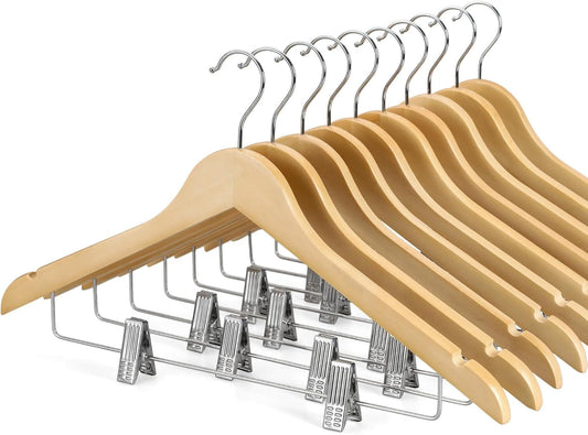 Pack of 10 light wood hangers with metal clips and 360° swivel hooks
