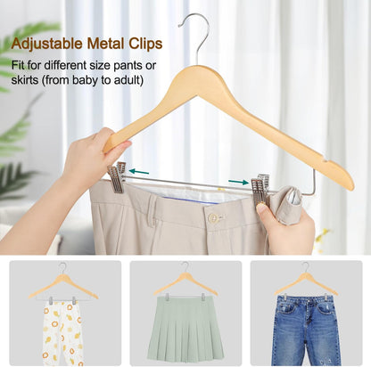 TOPIA HANGER Wooden Hangers with Adjustable Metal Clips and 360° Swivel Hook, Premium Wood Clothes Hangers 10 Pack for Suit, Pant, Skirt, Jeans, Coat, Jacket-CT28N