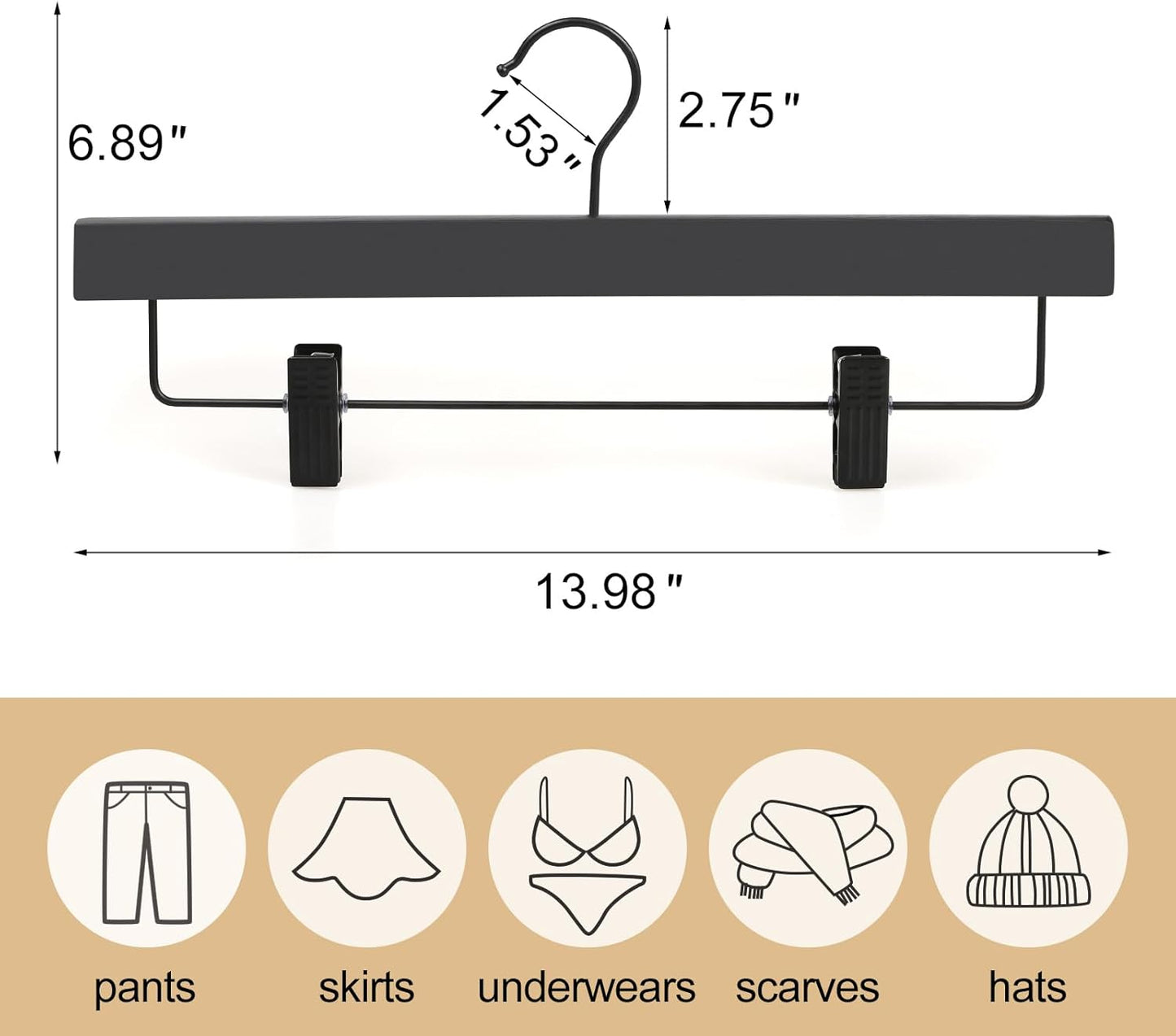 TOPIA HANGER Wooden Pants Hangers 10 Pack, Black Skirt Hangers with Clips and Rotatable Hook, Durable Natural Rubber Wood Organizer for Skirts, Pants, Jeans, Shorts - CTS02B