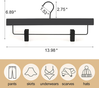 TOPIA HANGER Wooden Pants Hangers 10 Pack, Black Skirt Hangers with Clips and Rotatable Hook, Durable Natural Rubber Wood Organizer for Skirts, Pants, Jeans, Shorts - CTS02B