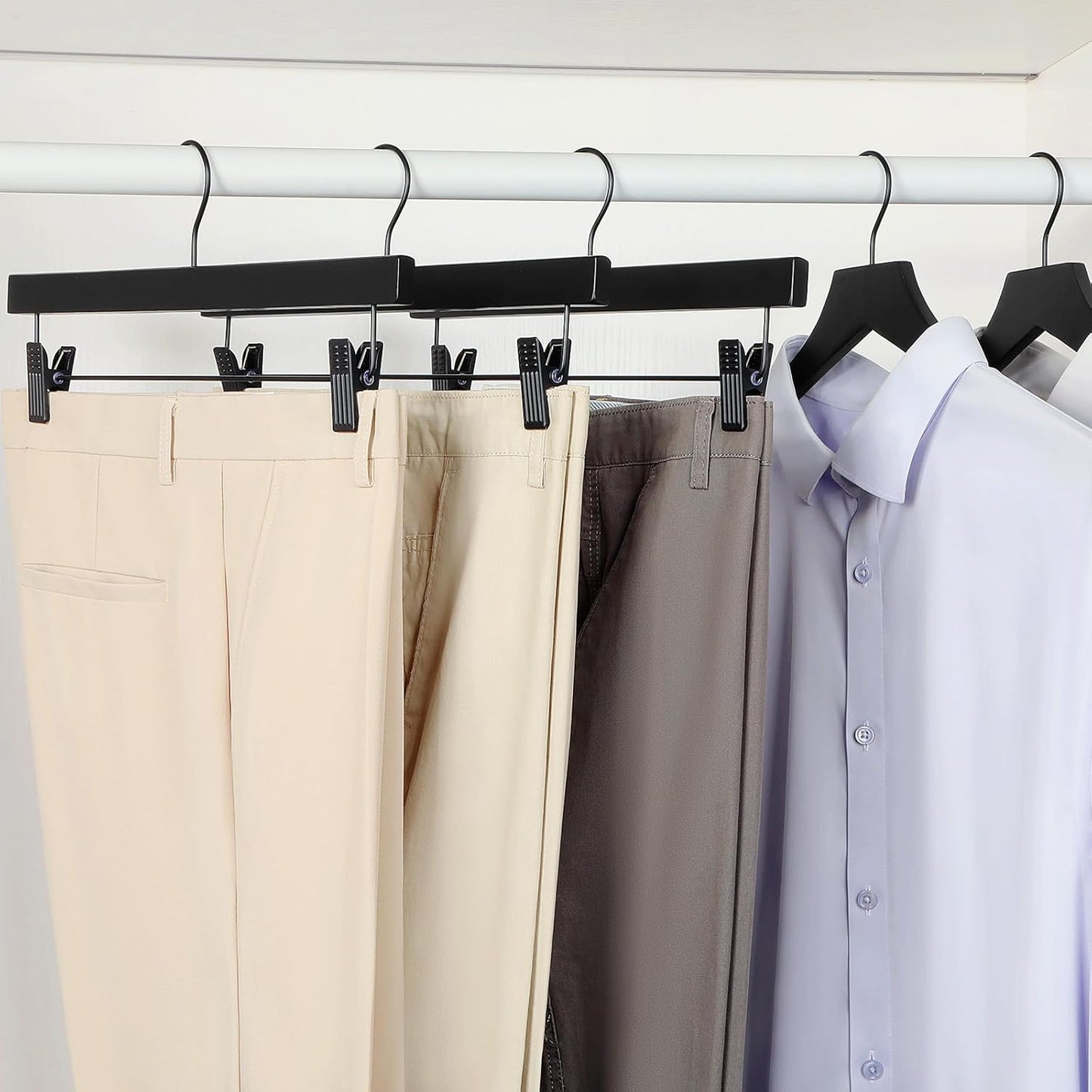 TOPIA HANGER Wooden Pants Hangers 10 Pack, Black Skirt Hangers with Clips and Rotatable Hook, Durable Natural Rubber Wood Organizer for Skirts, Pants, Jeans, Shorts - CTS02B