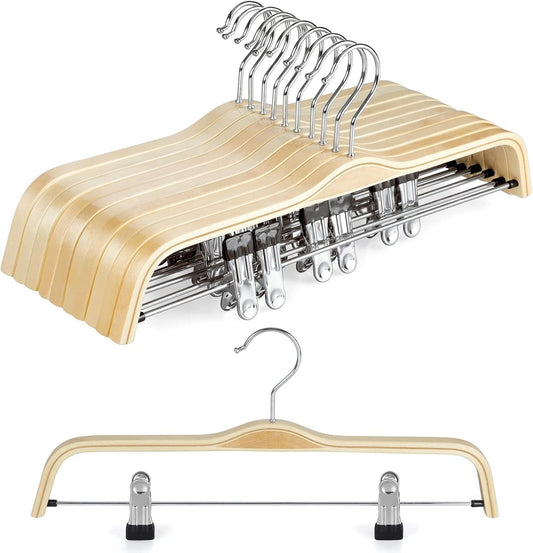 Wooden pants and skirt hanger with multiple metal clips and curved hook, natural wood