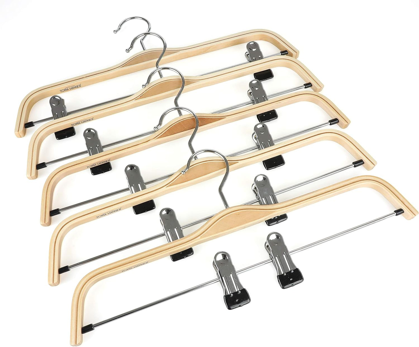 TOPIA HANGER Wooden Pants Hangers,Slim Natural Wood Skirt Hangers with Anti-Rust Hook and Adjustable Metal Clips, Perfect for Skirts, Pants, Slacks-10 Pack-CT17N