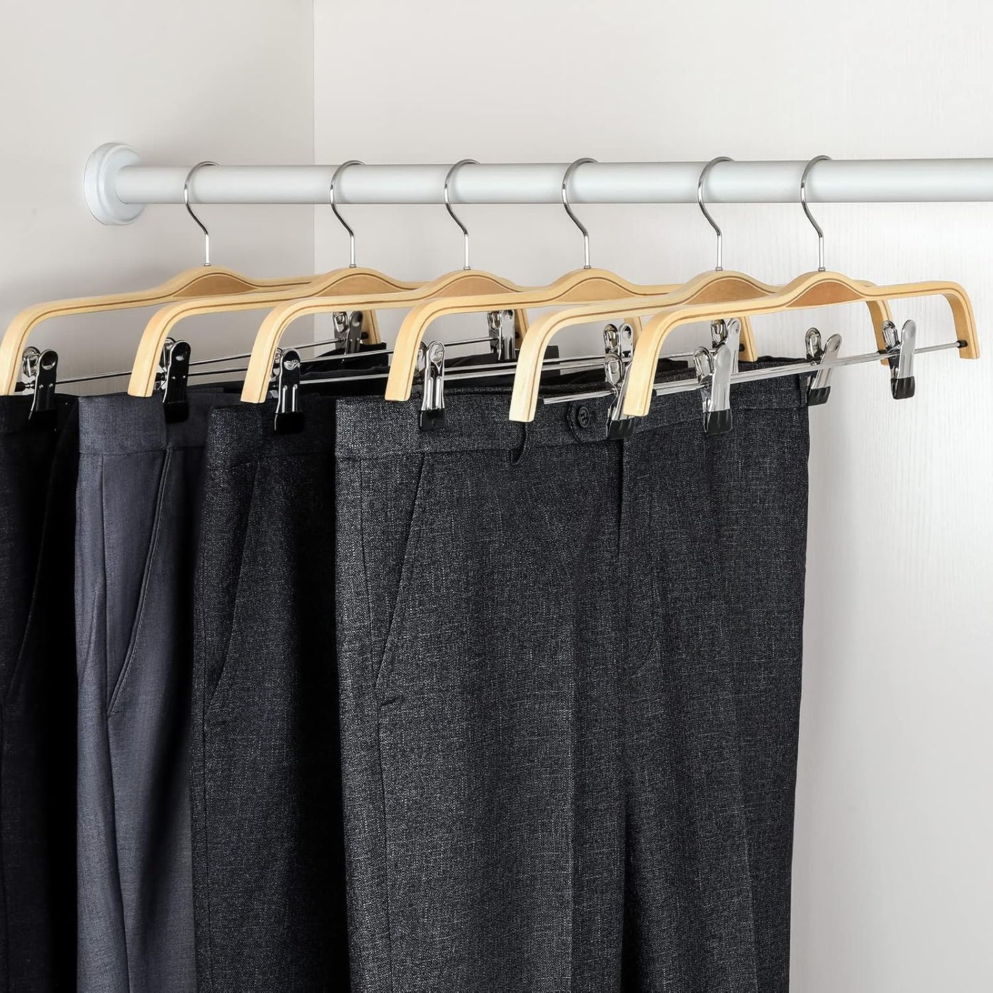 TOPIA HANGER Wooden Pants Hangers,Slim Natural Wood Skirt Hangers with Anti-Rust Hook and Adjustable Metal Clips, Perfect for Skirts, Pants, Slacks-10 Pack-CT17N
