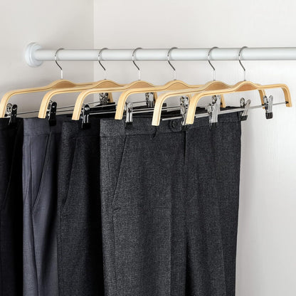 TOPIA HANGER Wooden Pants Hangers,Slim Natural Wood Skirt Hangers with Anti-Rust Hook and Adjustable Metal Clips, Perfect for Skirts, Pants, Slacks-10 Pack-CT17N