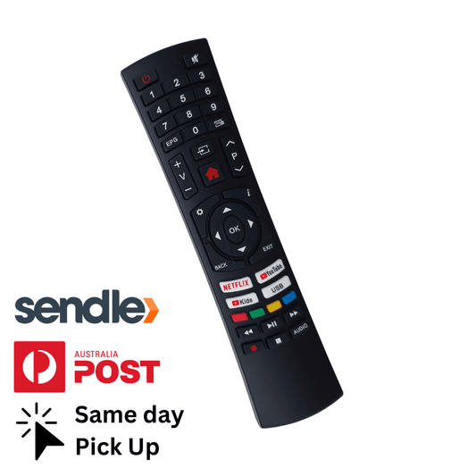 Black TV remote control with numeric keypad, volume and power buttons