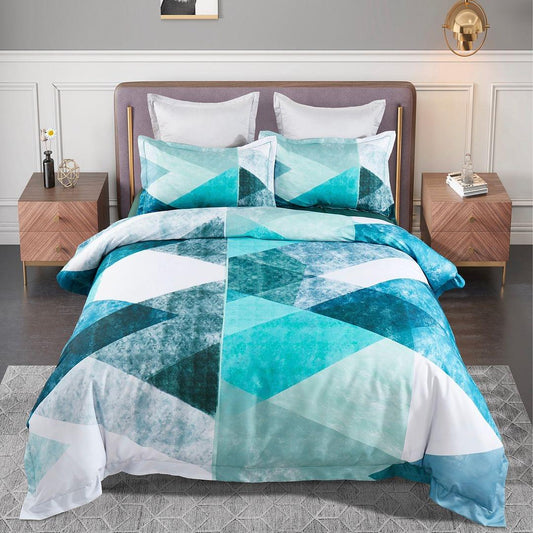 King-size quilt cover set with teal and white geometric pattern and pillowcases