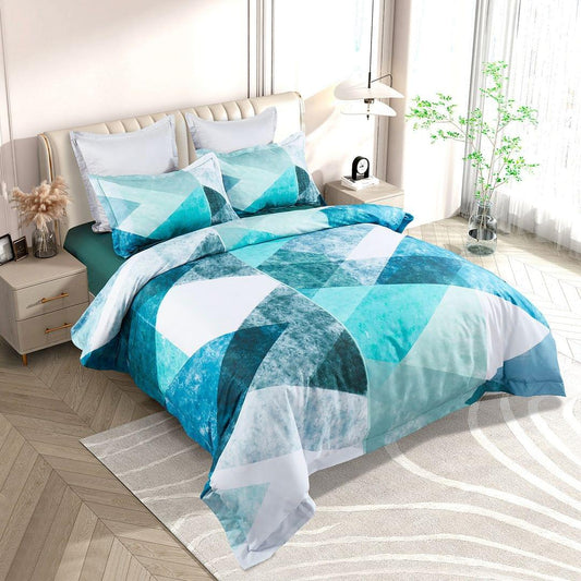 Super king quilt cover set with teal and white geometric blocks on duvet and pillows
