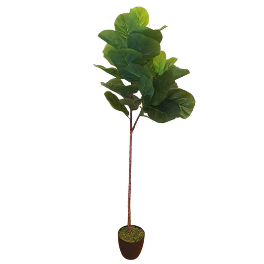 Artificial fiddle leaf fig tree with broad green leaves, brown trunk, potted base