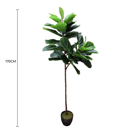 Artificial fiddle leaf fig tree with green leaves and brown stem, potted base