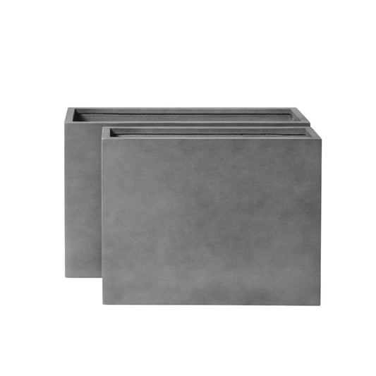 Tall oblong planter, concrete grey with open top and recessed rim