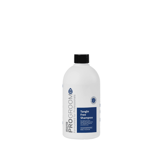 ProGroom Tangle Free Shampoo bottle, white with blue front label