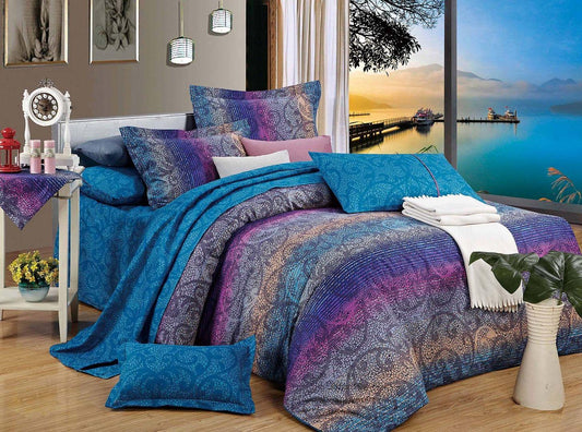 Super king duvet cover set with blue and purple patterned bedding, pillow covers
