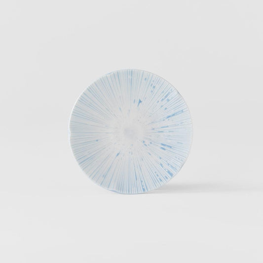Ice blue 13cm tapas plate with white radial burst pattern, top view