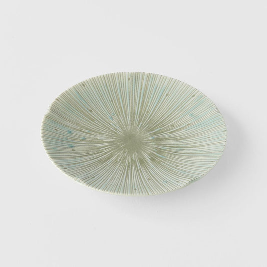 13 cm ice green glazed ceramic tapas plate with radial burst texture, shallow round
