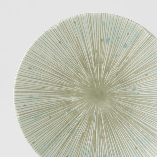 Ice green glazed ceramic tapas plate with radial line burst texture and speckled glaze