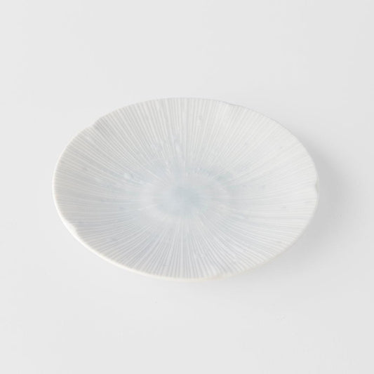 13 cm tapas plate, ice-white glaze with fine radial texture and shallow rim