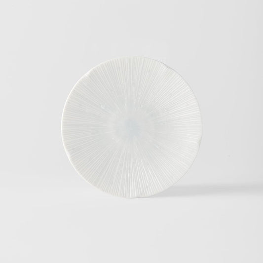 13 cm tapas plate, ice-white round shape with centered glossy swirl and ridged pattern