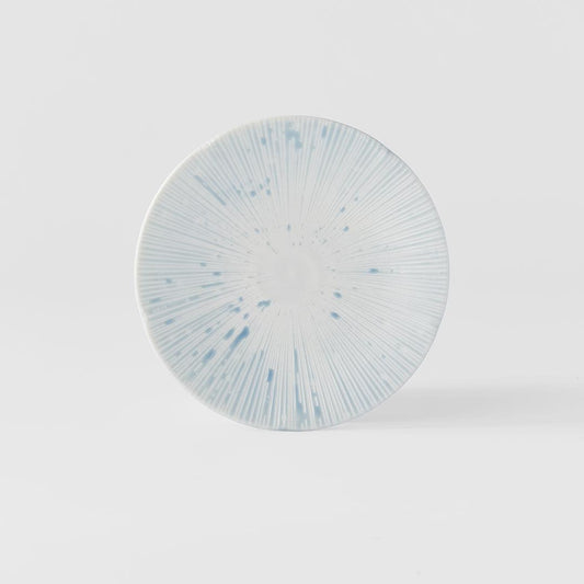 Ceramic tapas plate with ice blue speckled radial design on white glaze