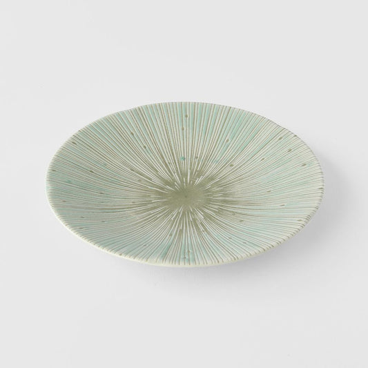 Tapas plate with ice green glazed surface and radial textured lines