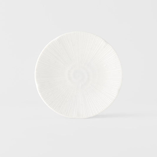 Ice white tapas plate with circular radial ridges and raised center swirl