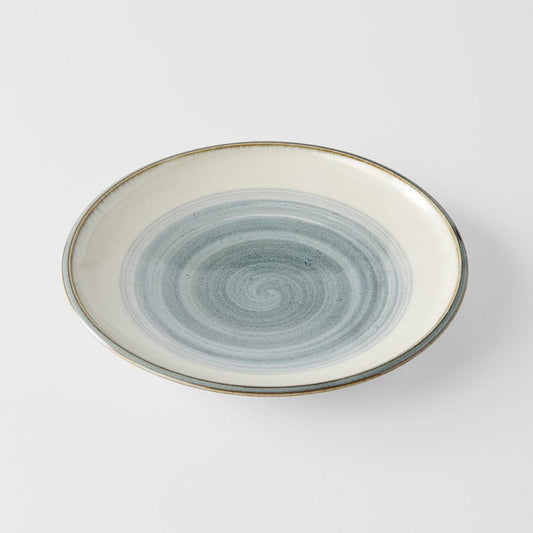 Round 17cm tapas plate with cream base, blue-gray swirl glaze, and thin gold rim