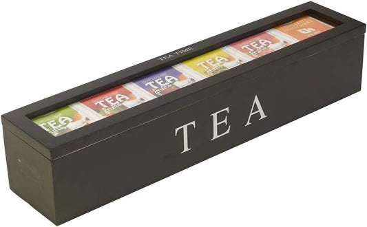 Black wooden tea box with 6 compartments and 'TEA' lettering