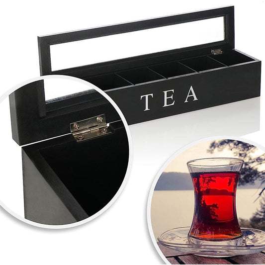 Black tea box with lid open, 6 compartments and brass clasp, 'TEA' front