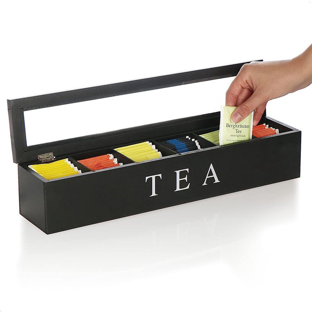 Tea Box - Tea Box 6 Compartments - Wooden Tea Box - Suitable for Loose Tea - 43 × 9 × 8.7 cm - Black