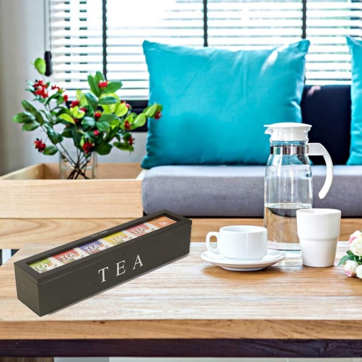 Tea Box - Tea Box 6 Compartments - Wooden Tea Box - Suitable for Loose Tea - 43 × 9 × 8.7 cm - Black