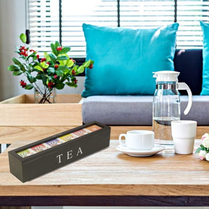 Tea Box - Tea Box 6 Compartments - Wooden Tea Box - Suitable for Loose Tea - 43 × 9 × 8.7 cm - Black